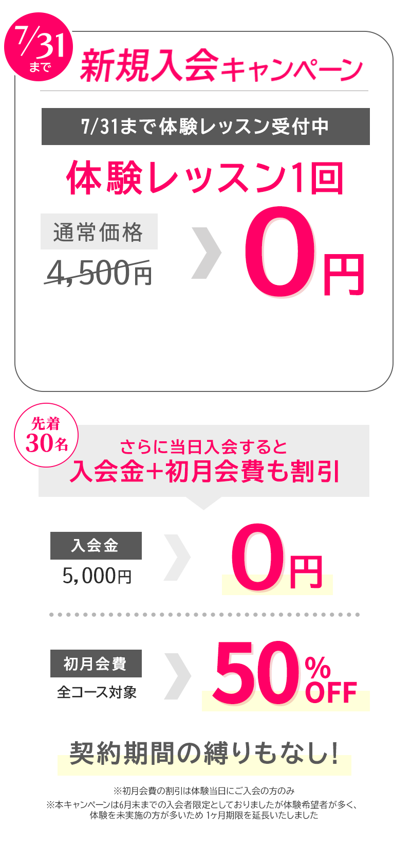 今がおトク！7/31まで 新規入会キャンペーン　体験レッスン１回０円　先着30名！今月入会すると入会金＋初月会費も割引