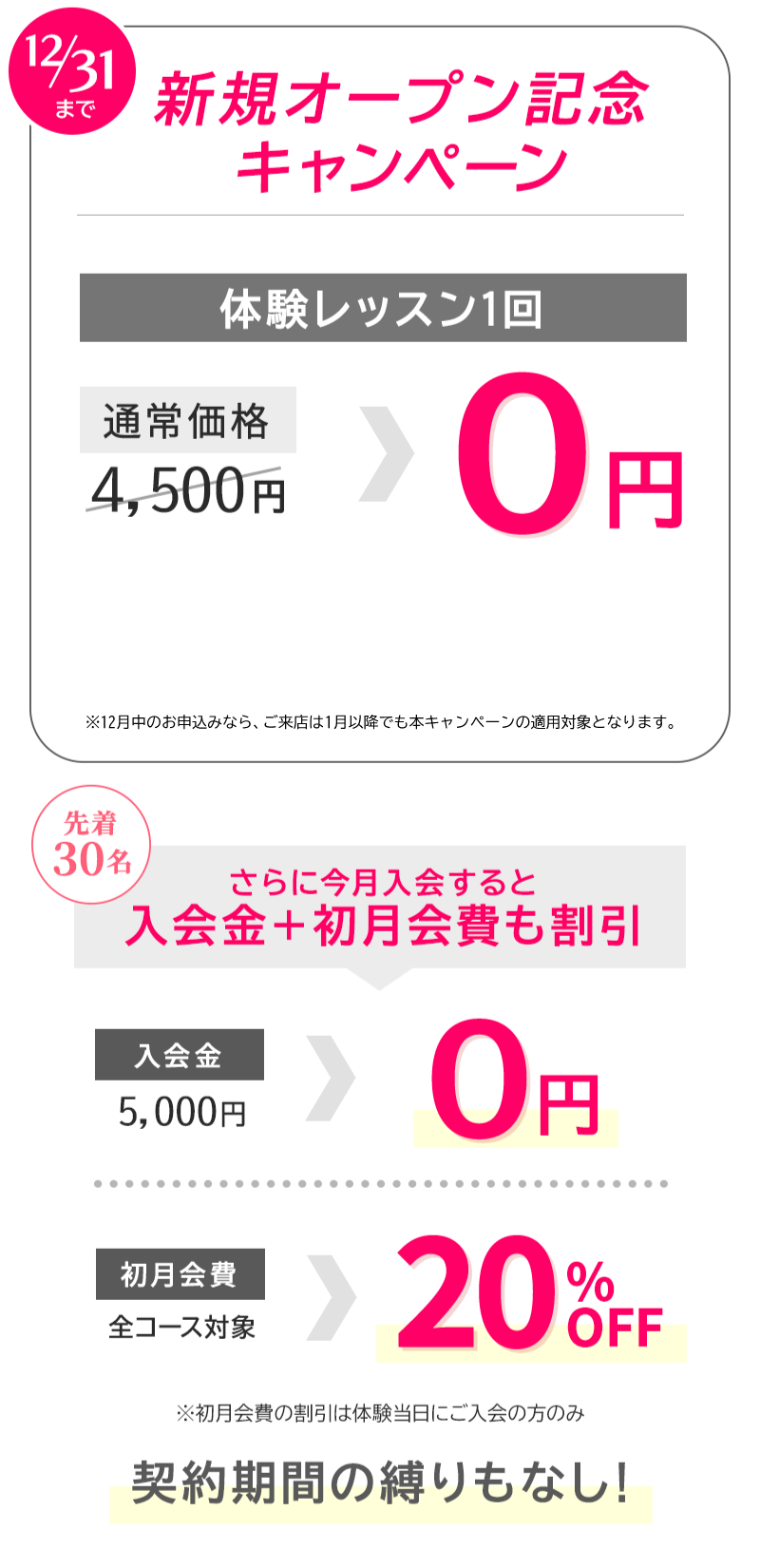 新規オープン記念キャンペーン　体験レッスン１回０円　さらに今月入会すると入会金＋初月会費も割引