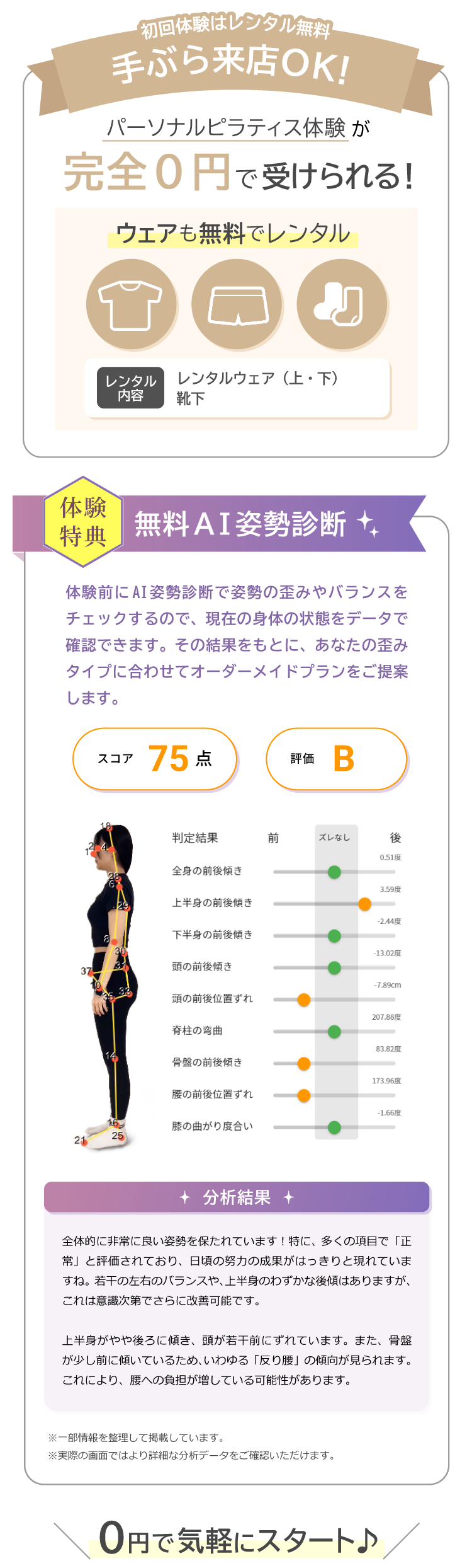 初回体験はレンタル無料。手ぶら来店OK！パーソナルピラティス体験が完全0円で受けられる！0円で気軽にスタート♪体験特典の無料AI診断も