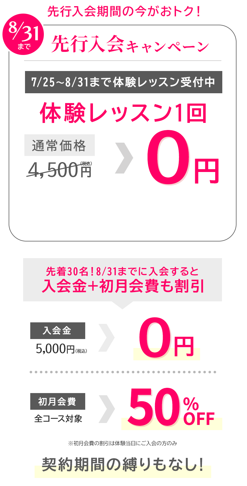 今がおトク！6/30まで 先行入会キャンペーン　体験レッスン１回０円