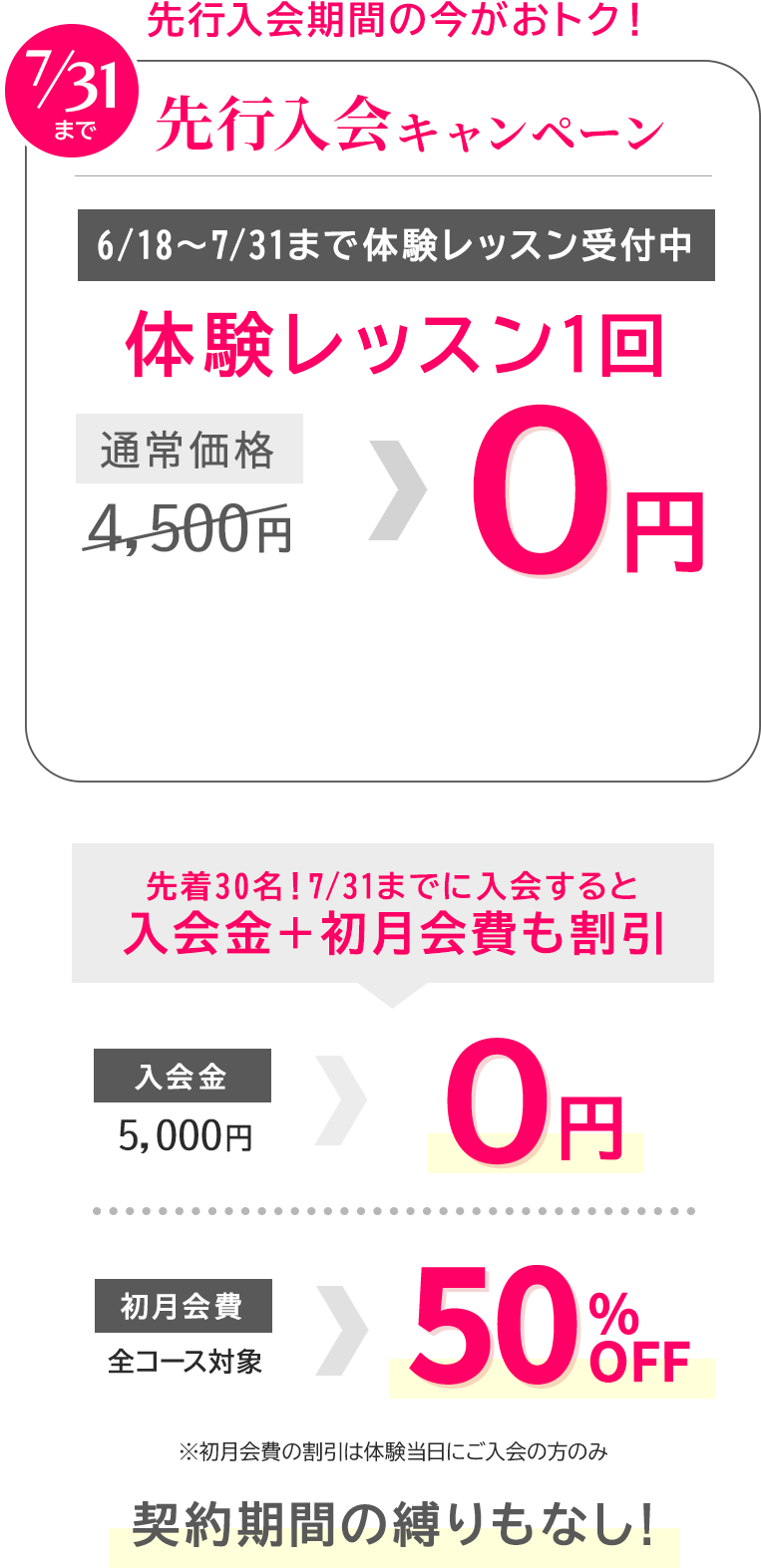 今がおトク！6/30まで 先行入会キャンペーン　体験レッスン１回０円